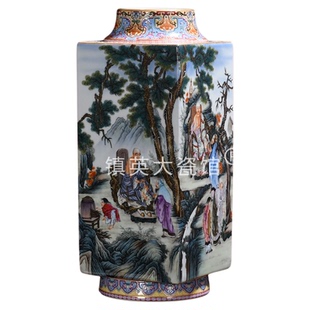 【官窑】景德镇陶瓷花瓶手绘达摩六祖图镶器中式博古架明清摆件