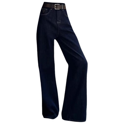 加厚绒V字深蓝宽松女牛仔阔腿裤