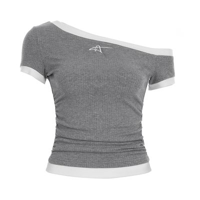 美式复古撞色斜肩刺绣短袖T恤夏