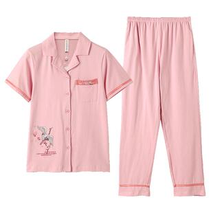 芬腾短袖睡衣女夏纯棉薄款开衫韩版清新全棉加大码宽松家居服套装
