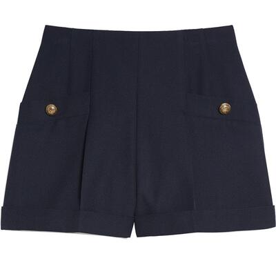 SANDRO Outlets秋冬女装经典款法式褶皱高腰扣饰深蓝色阔腿短裤
