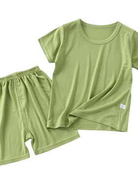 儿童莫代尔短袖套装男童夏季睡衣空调服T女宝宝高腰护肚家居服薄