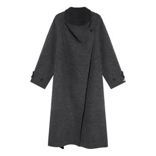 贰羊设计【南柚】贵气高级感斜扣领双面呢大衣女羊毛长款灰色外套