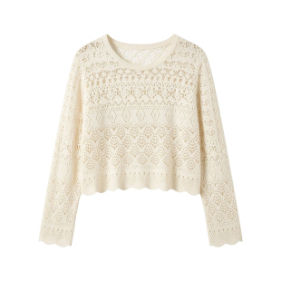 2026春款上新圆领镂空设计感针织衫女装薄款透气短款露背罩衫上衣