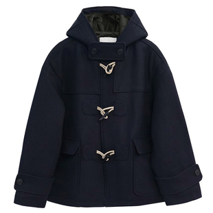 毛呢外套男士短款休闲韩系英伦风冬季夹棉加厚风衣牛角扣呢子大衣