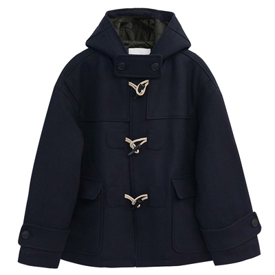 牛角扣连帽毛呢外套短款秋冬大衣