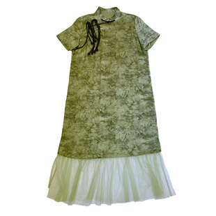 连衣裙女夏日多巴胺原创设计国风拼接改良旗袍裙皱褶扎染裙子