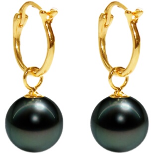大溪地黑珍珠耳环耳坠18K金天然海水珍珠耳圈正圆极强光正品两用