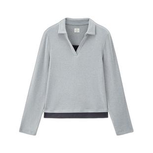 佐丹奴v领Polo衫女春季新款弹力针织假两件长袖翻领上衣05315791