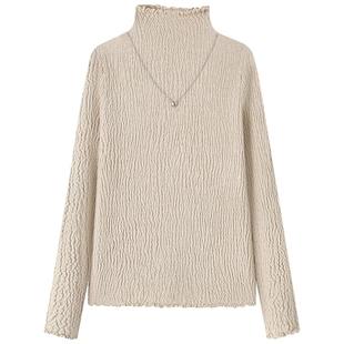 慕兔复古木耳边半高领长袖针织衫女2025冬季新款修身肌理感打底衫