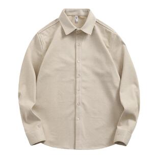 秋新款高级感磨毛杏色长袖衬衫男休闲修身纯色衬衣外套男款潮流