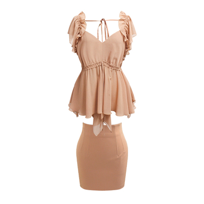 雪纺系带荷叶上衣半身裙套装