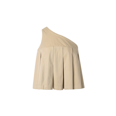 JAC FLEURANT2025春夏新品卡其色蕾丝边百褶斜肩上衣百搭