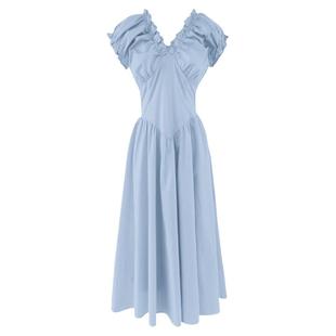 法式V领蓝色仙女裙收腰显瘦大摆连衣裙泡泡袖设计感口袋裙子夏季