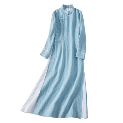 改良旗袍茶服女棉麻修身连衣裙