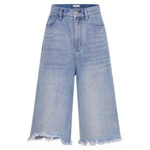 RURE 破损风格低腰7分阔腿裤短裤女士夏季低腰复古流苏中裤牛仔裤