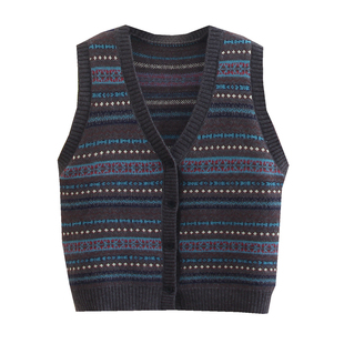 复古提花针织马甲女叠穿背心春秋新款坎肩外套宽松费尔岛毛衣开衫