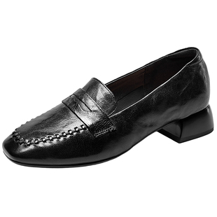 意尔康羊皮乐福鞋女春气质方头工作鞋粗跟通勤真皮小皮鞋2026新款