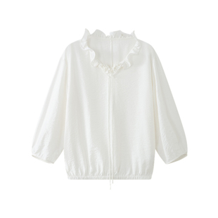 AMOR禾末“小岛微风”不规则花瓣领七分袖系带衬衫下摆收口上衣