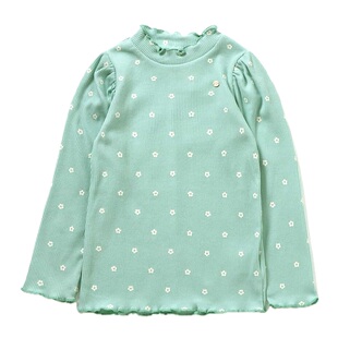 日本 apreslescours 2026春秋女童百褶花边领口华夫格打底长袖T恤