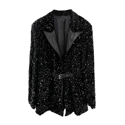 欧美风长袖亮片腰带西装外套