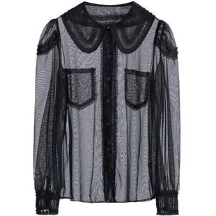 曼德诗黑纱衬衫女2025冬季新款网纱衬衣朦胧感半透上衣高级感叠穿