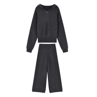 秋水伊人简约连帽拉链上衣2025年冬季新款女通勤百搭阔腿裤两件套
