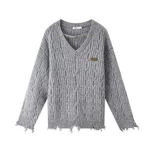 三福灰色毛衣2026新款春季铆钉V领破洞摆宽松套头上衣女装515150