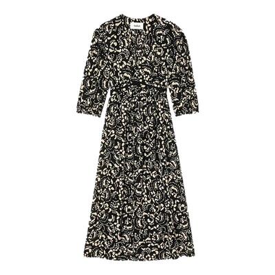 ba&sh黑白印花高腰V领连衣裙