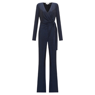 DVF金属午夜蓝V领微喇连体裤