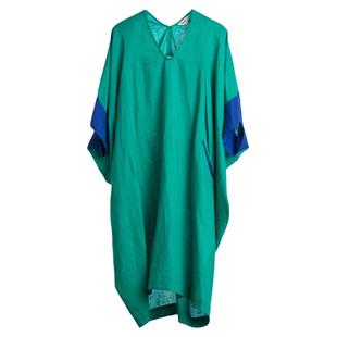 方寸原创设计宽松V领连衣裙绿色大码文艺女装复古学院风连衣裙女