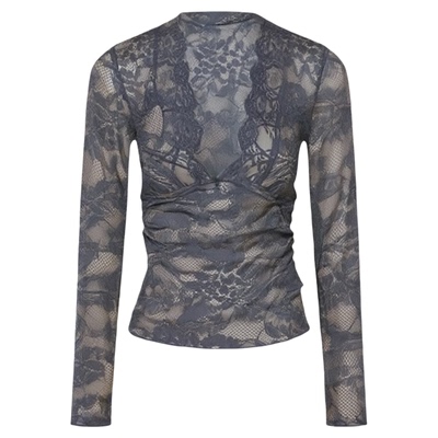 纯欲镂空蕾丝性感深v低胸上衣女长袖t恤打底衫