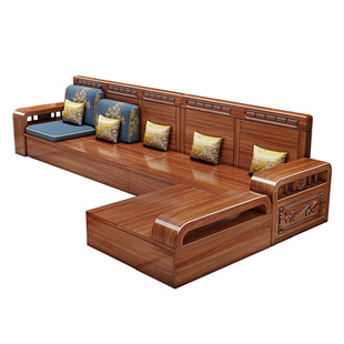 新中式实木沙发胡桃木小户型客厅家用冬夏两用直排储物贵妃木沙发