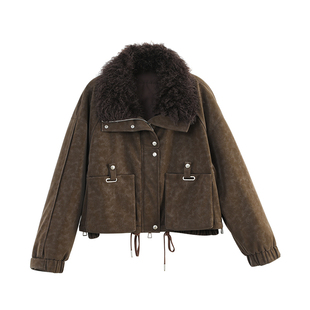 【商场同款】X--MOOM2025冬季新款大毛领裂纹pu皮短款保暖羽绒服