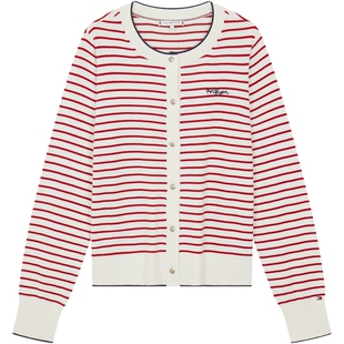 Tommy春夏女装棉麻混纺度假风古巴领细条纹系结短款宽松短袖衬衫