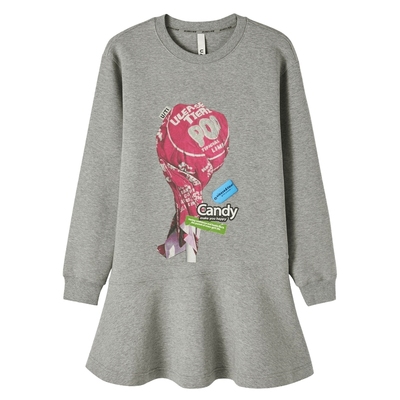 U/TI灰色糖果印花卫衣裙女 百搭空气棉复古A字裙尤缇2024春季新款