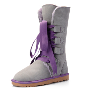 真皮绑带蝴蝶结雪地靴女百搭高筒靴冬季牛皮毛一体女鞋保暖长靴子