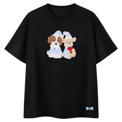 PSO Brand男装女装可爱小狗贴布绣圆领短袖男款情侣t恤上衣夏季