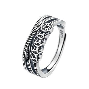 925银复古铜钱戒指女时尚几何新款钱多多食指戒新年百搭开口免摘