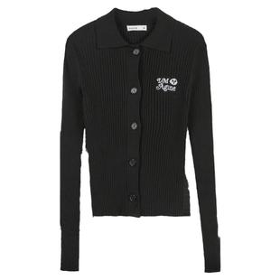 热风秋季新款女士熊猫插画师翻领针织衫修身显瘦气质针织衫