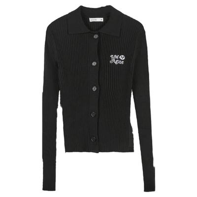 热风秋季新款女士熊猫插画师翻领针织衫修身显瘦气质针织衫