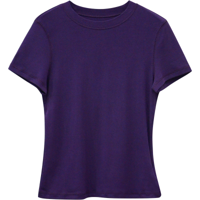 333sss 贵气紫～纯色白色圆领短袖弹力修身T恤女短袖上衣女夏季