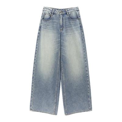 Basic House/百家好美式复古全棉水洗阔腿牛仔裤女秋休闲直筒长裤