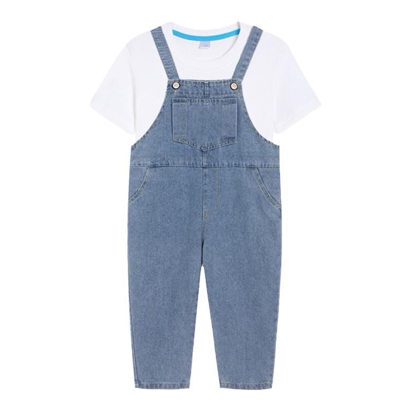 儿童浅蓝牛仔背带裤夏季白色短袖T恤文艺套装幼儿园小学生毕业服