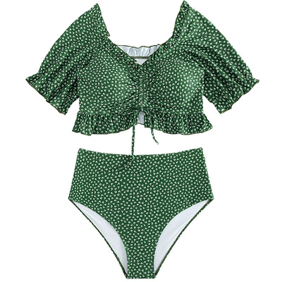 短袖大码胖妹分体泳衣高腰一字肩