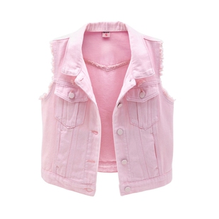 2025春夏新款牛仔马甲女短款百搭修身显瘦须边坎肩粉色开衫上衣潮