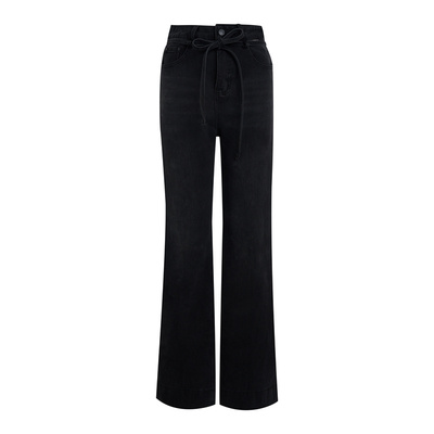 高腰系带加绒微喇牛仔裤