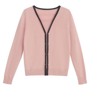 YINER音儿女装冬季时尚法式撞色V领假两件羊毛羊绒混纺针织衫