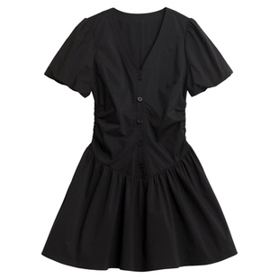 CV大码女装夏季新款V领泡泡袖短款连衣裙气质黑色小A花苞裙女胖mm