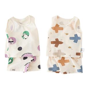 童泰婴儿套装夏季网眼宝宝衣服男童女童外出薄款提花背心短裤童装